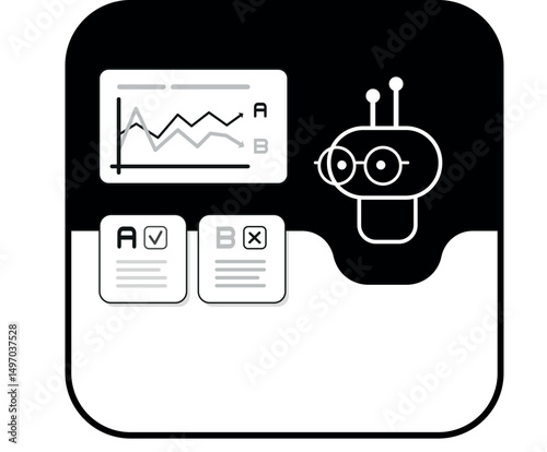 Square graphic of a chatbot analyzing data using bar charts. Clean black-and-white style for UI elements, mobile apps, infographics, or digital tools. Format: EPS + JPG (1080×1080).