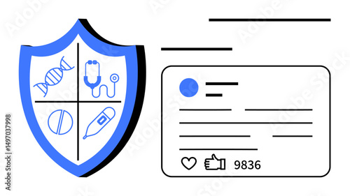 Shield with medical icons thumbs up DNA, stethoscope, capsule, and syringe beside a social media card featuring likes and user stats. Ideal for health, data, protection, awareness, media marketing