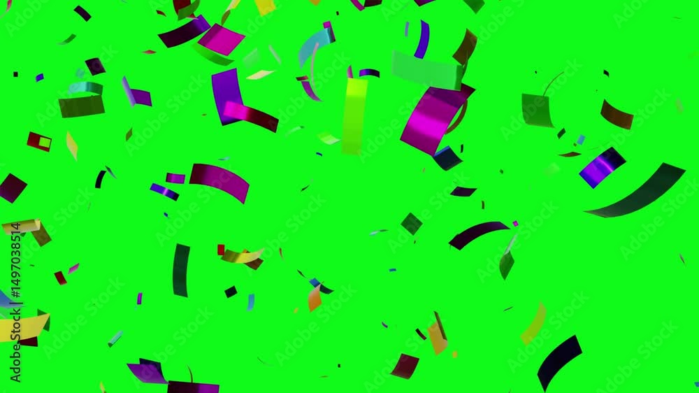 explosion of colorful confetti with alpha background, Falling confetti Particles animation on Chroma Key. Gold Confetti Falling on Green Screen Background. Flying Confeti Transparent overly bg.