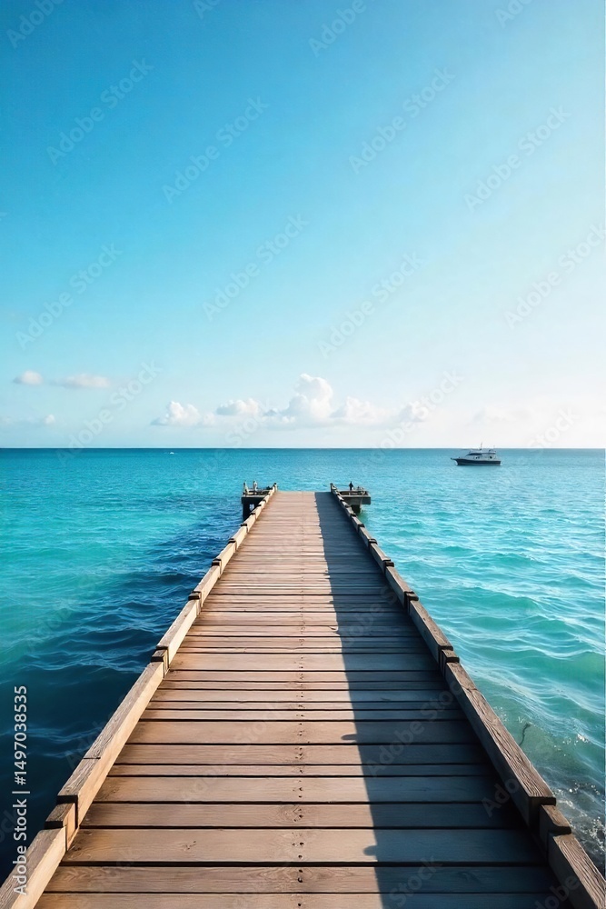 Obraz premium A long, sturdy pier extends horizontally over calm, blue water, offering a tranquil view of the ocean and sky Perfect for travel, vacation, and coastal living themes , summer, view