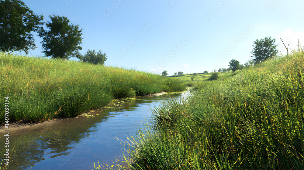 A river with grass on the banks A river with grass on the banks