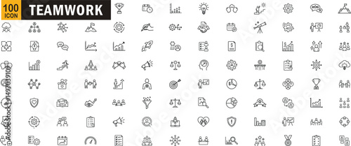Teamwork editable outline icon set. Collaboration, leadership, communication, productivity, business and more.