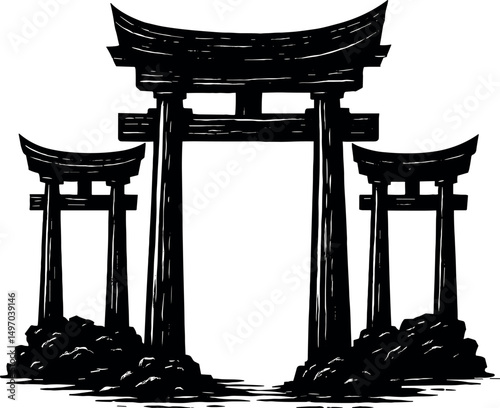 Double torii gate vector black silhouette cricut print design isolated on a plain white background