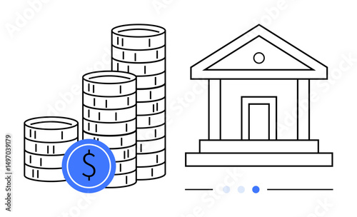 Stacked coins and institutional building symbolize savings, banking, finance, investment, wealth growth, financial planning, and economic stability. Ideal for money management, business education