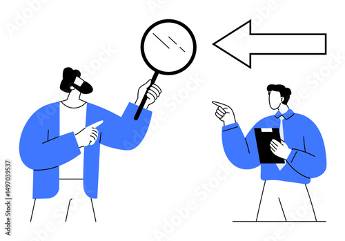 Two professionals in blue jackets engaged in analysis with a magnifying glass and clipboard, pointing towards a large arrow. Ideal for teamwork, analytics, problem-solving, research, strategy