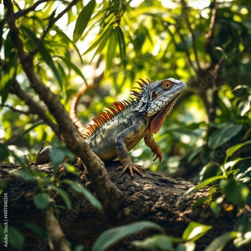 Colorful iguana resting on a branch in lush tropical forest
