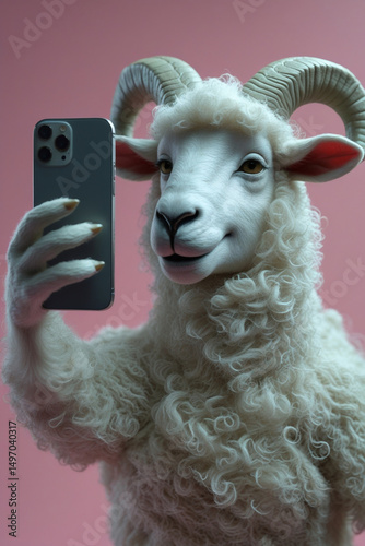 AI Generative. Amused Sheep Taking a Selfie against a pink background. 1