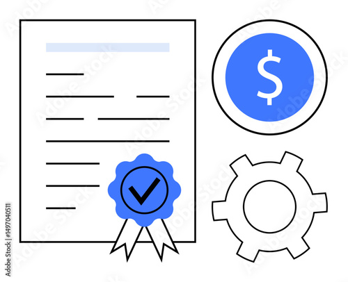 Document with official blue ribbon and checkmark, dollar coin, gear symbolizing certification, finance, compliance, and process optimization. Ideal for business, finance, analysis startup workflow