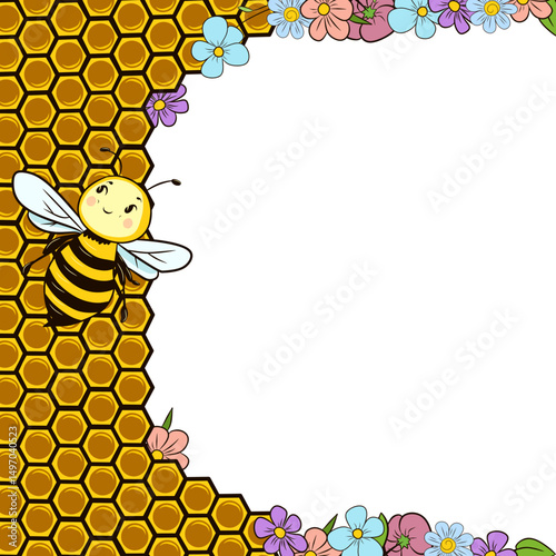 Image of cartoon bee on honeycomb with flowers. Place for your text. For postcard, print, greeting, cover and much more.
