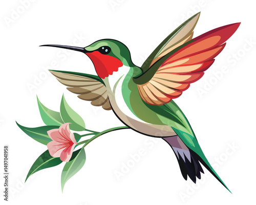 a detailed watercolor of a ruby throated hummingbird with vibrant colors