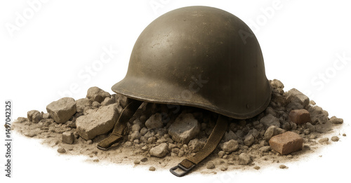 Army helmet on rubble, isolated for design use