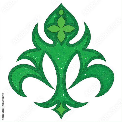 A green glitter design featuring a symmetrical shape with swirling, leaf-like elements. At the top is a pointed arc and in the center, a smaller floral motif adds detail. The overall effect is vibrant