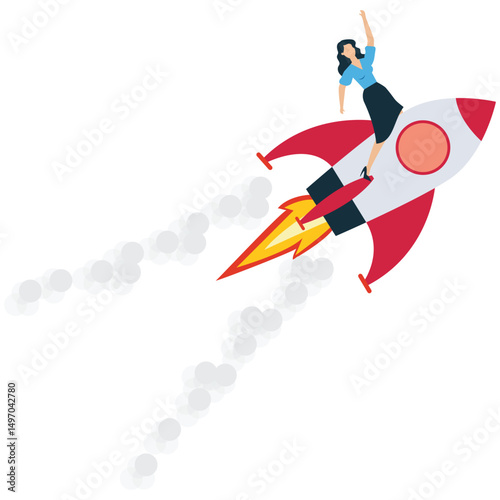 Businesswoman Launching with a Rocket Booster