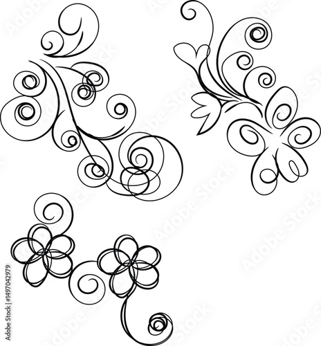 Three Elegant Black Floral Swirl Designs Isolated on White