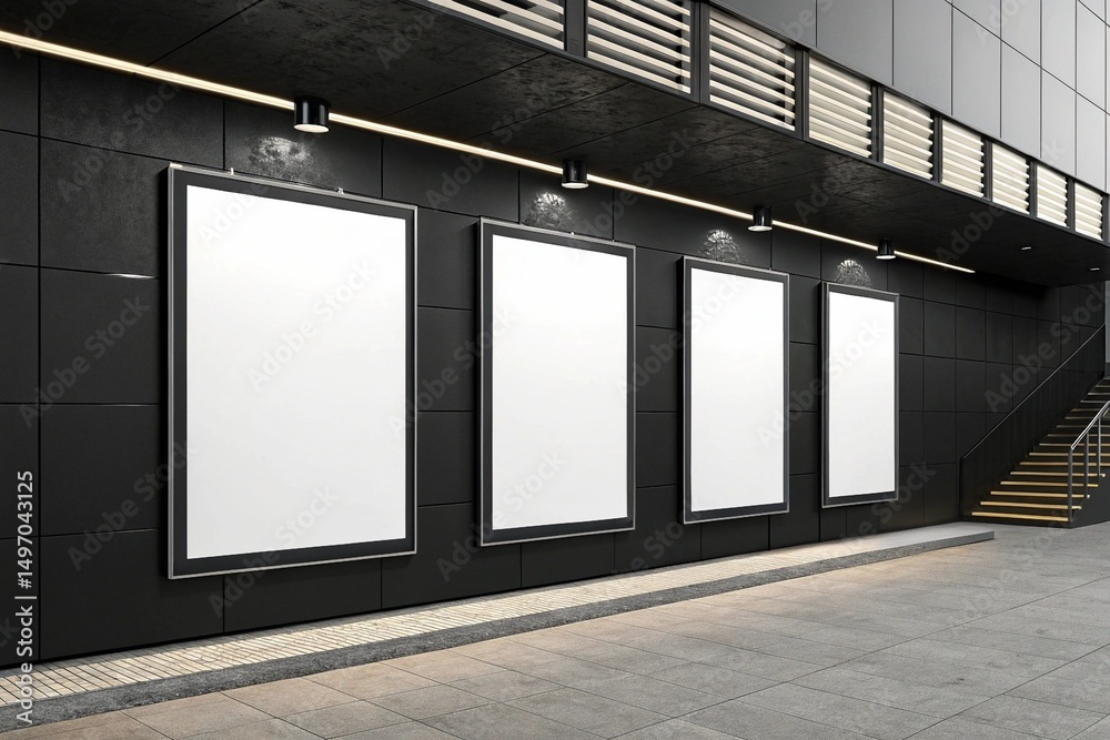 Fototapeta premium Font view on three blank white posters with place for your logo or text on black wall. 3D rendering, mock up.