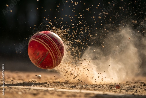 Cricket ball impacting dusty ground dynamic action shot