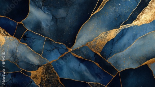 Abstract Dark blue marble background with lines and gold accents, reminiscent of the elegant style of kintsugi.
