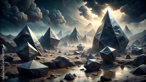 Mystical landscape shows strange geometric crystal formations rising toward cloudy skies over dark, muddy ground