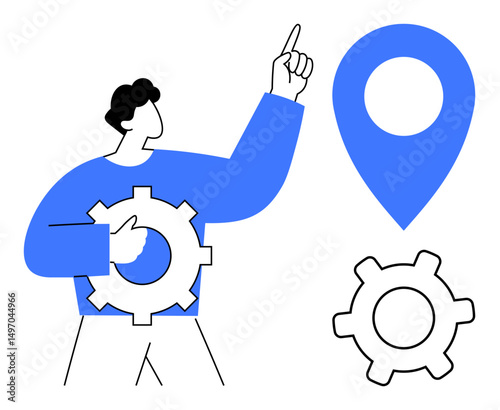 Person gestures to location marker while holding gear, symbolizing navigation, planning, and process optimization. Ideal for strategy, teamwork, decision-making, operations, production technology