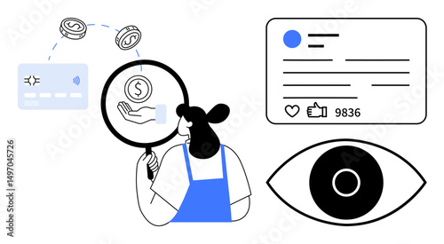 Woman using magnifying glass to study financial transactions, digital metrics, and social engagement stats. Ideal for finance, analytics, social media, technology, e-commerce, security simple
