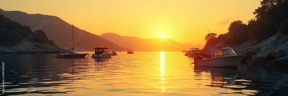Obraz premium Golden hour sunlight bathes a calm waterfront scene, boats gently bobbing, reflecting the warm light Perfect for summer vacation, travel, and relaxation themes , landscape, tranquil, outdoor