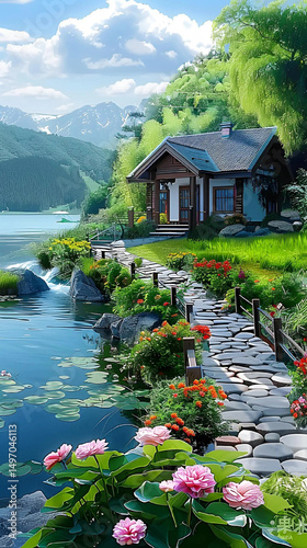A traditional wood cottage with a garden sits by the water of a mountain lake, a peaceful landscape surrounded by nature