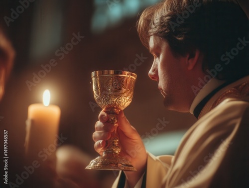 Priest Holding Golden Chalice in Candlelit Church, Symbolizing Faith and Religious Tradition for Spiritual Guidance and Community Outreach Programs : Generative AI