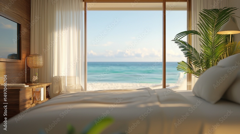 Fototapeta premium Oceanfront Bedroom: Tranquil Coastal Escape