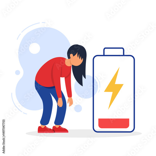 Exhausted woman with low battery icon, symbolizing burnout, fatigue, low energy, mental and physical weakness, emotional stress, poor health, depression, drained state, and overwork symptoms.