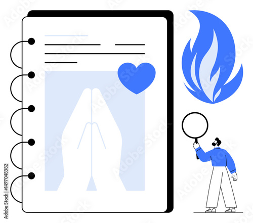 Open notebook with prayer illustration, blue heart, and flame symbol next to a figure holding a circle. Ideal for spirituality, faith, mindfulness, meditation, self-care, journaling simple landing