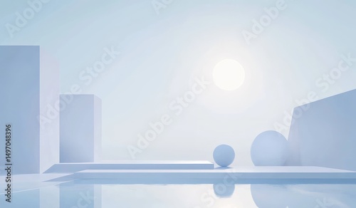 Light-filled, minimalist scene with white 3D shapes and a sunlit sky reflecting on a placid surface