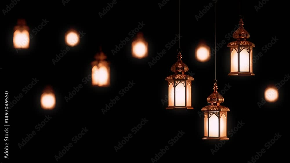 3d animation of black background with many spin islamic lanterns hanging from the ceiling. 4k seamless loopable 3d animation