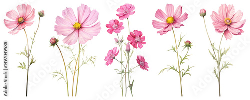 PNG Delicate pink cosmos flowers beautifully arranged, element set on transparent background