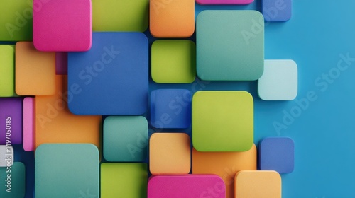 Colorful Abstract Squares on Blue Background - Graphic Design.