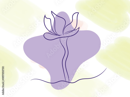 Abstract Purple Flower Line Art on Watercolor Background