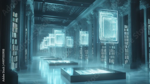 Futuristic digital library interior with glowing holographic panels and immersive lighting photo