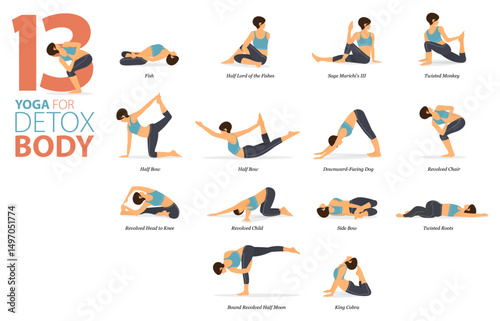 13 Yoga poses or asana posture for workout in body detox concept. Women exercising for body stretching. Fitness infographic. Flat cartoon vector.