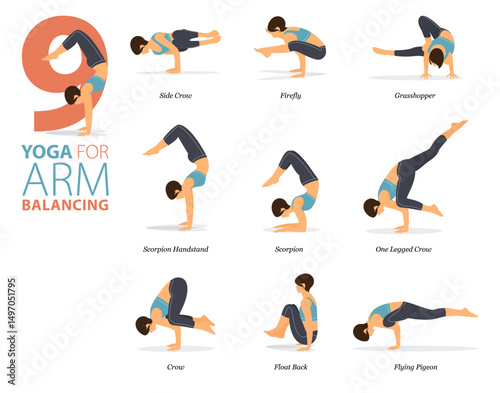 9 Yoga poses or asana posture for workout in arm balancing concept. Women exercising for body stretching. Fitness infographic. Flat cartoon vector.