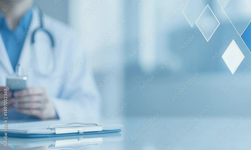 Blurred blue medical background with copy space with doctor using smartphone in background. background health insurance, safe patient care and policy management. Advertising blurred medical background