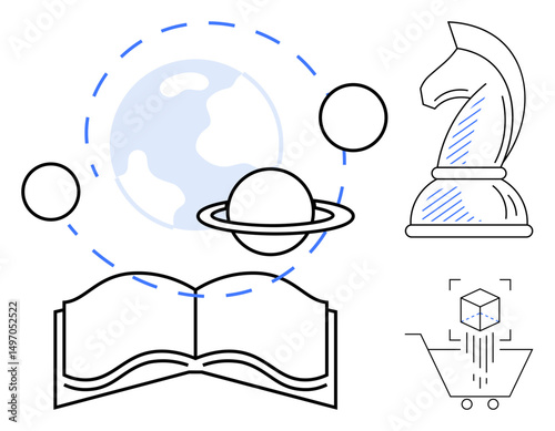 Open book with orbiting planets, globe, chess knight for strategy, and digital cart with a cube. Ideal for education, strategy, innovation, science technology e-commerce creativity. Flat simple
