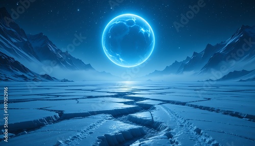 A surreal icy landscape with glowing blue celestial sphere above cracked frozen ground photo