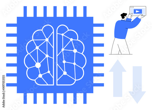 Brain with binary code, change arrows, layered data grid, person presenting video. Ideal for AI, data analysis, ai collaboration, future technology, innovation knowledge sharing
