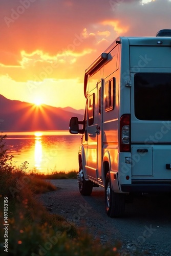 A sleek, modern RV parked by a serene lake at sunset, reflecting the golden hour light Ready for adventure and relaxation , mountains, recreational vehicle