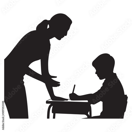 Teacher Guiding Student at Desk Educational Silhouette Vector