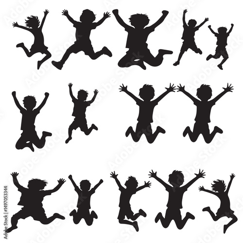 A collection of black silhouette illustrations showcasing children in various dynamic jumping poses. Each figure radiates energy and excitement, capturing the essence of childhood joy and freedom.