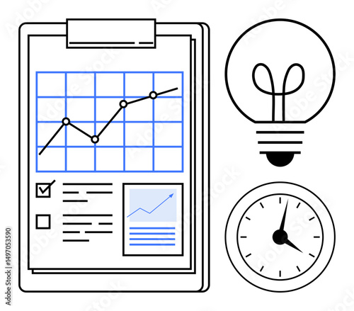 Growth chart on clipboard, lightbulb, and clock emphasizing progress, creativity, and deadlines. Ideal for business, planning, productivity, innovation time-efficiency analysis flat simple