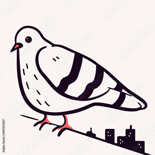 Illustration of a City Pigeon Perched on a Ledge
