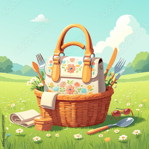 Floral handbag in picnic basket spring meadow