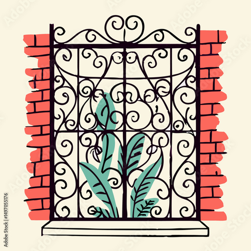 Ornate Black Wrought Iron Gate with Plants