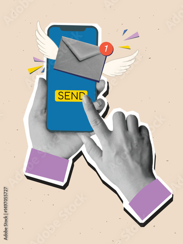 Black and white hands pressing a button on a phone and sending a paper envelope with wings. Modern collage style. Vector illustration